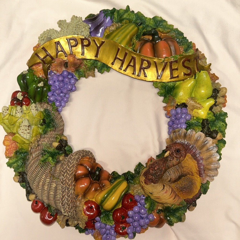 Ceramic Fall Happy Harvest Wreath – Cornucopia & Turkey Fruit Vegetables